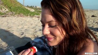 Too whorish and voracious brunette Audrina Ashley teases a cock on the beach Thumbnail